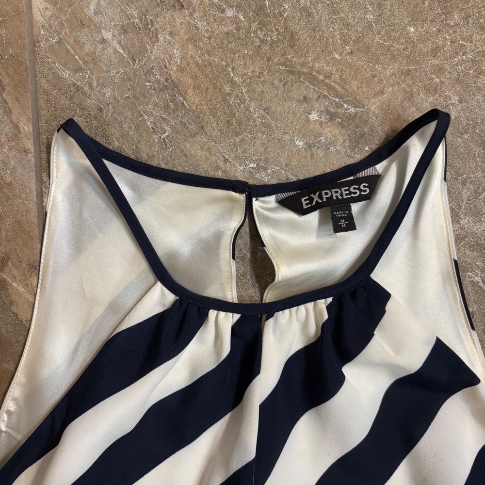 Express Navy Blue White Striped Sleeveless Belted Mini Dress Medium Nautical - Picture 7 of 7